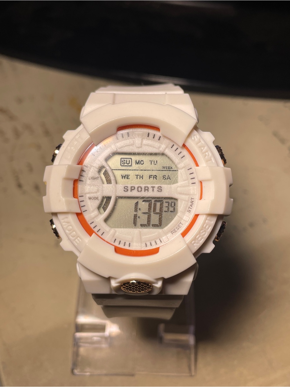 White Sports Digital Watch with Orange Accents